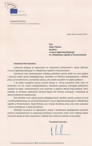 Obchody 100 – lecia istnienia I Liceum Ogólnokształcącego im. Władysława Jagiełły  w Krasnymstawie.