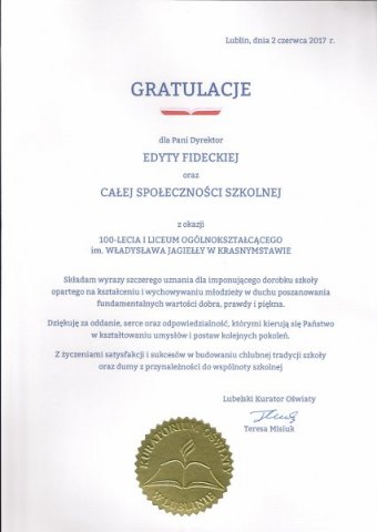 Obchody 100 – lecia istnienia I Liceum Ogólnokształcącego im. Władysława Jagiełły  w Krasnymstawie.