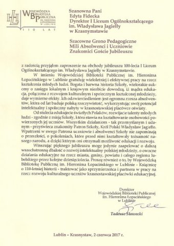 Obchody 100 – lecia istnienia I Liceum Ogólnokształcącego im. Władysława Jagiełły  w Krasnymstawie.