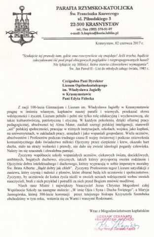 Obchody 100 – lecia istnienia I Liceum Ogólnokształcącego im. Władysława Jagiełły  w Krasnymstawie.