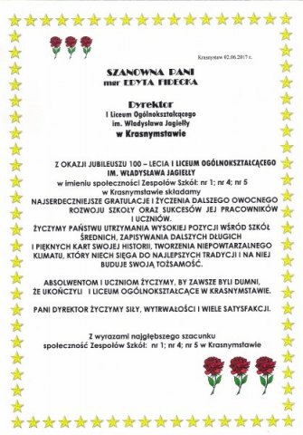 Obchody 100 – lecia istnienia I Liceum Ogólnokształcącego im. Władysława Jagiełły  w Krasnymstawie.