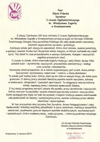 Obchody 100 – lecia istnienia I Liceum Ogólnokształcącego im. Władysława Jagiełły  w Krasnymstawie.